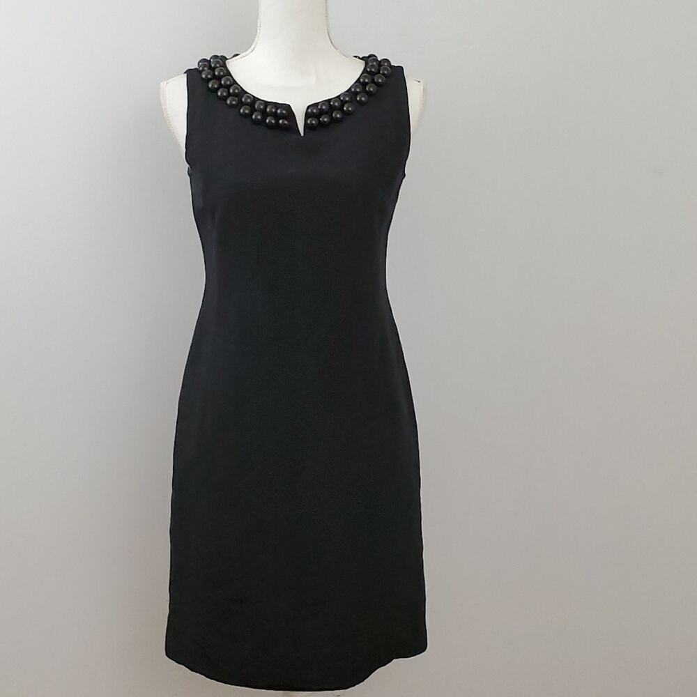 Talbots Petite 4P Black Cotton Silk LBD Beaded Neckline Sheath Dress AS-IS